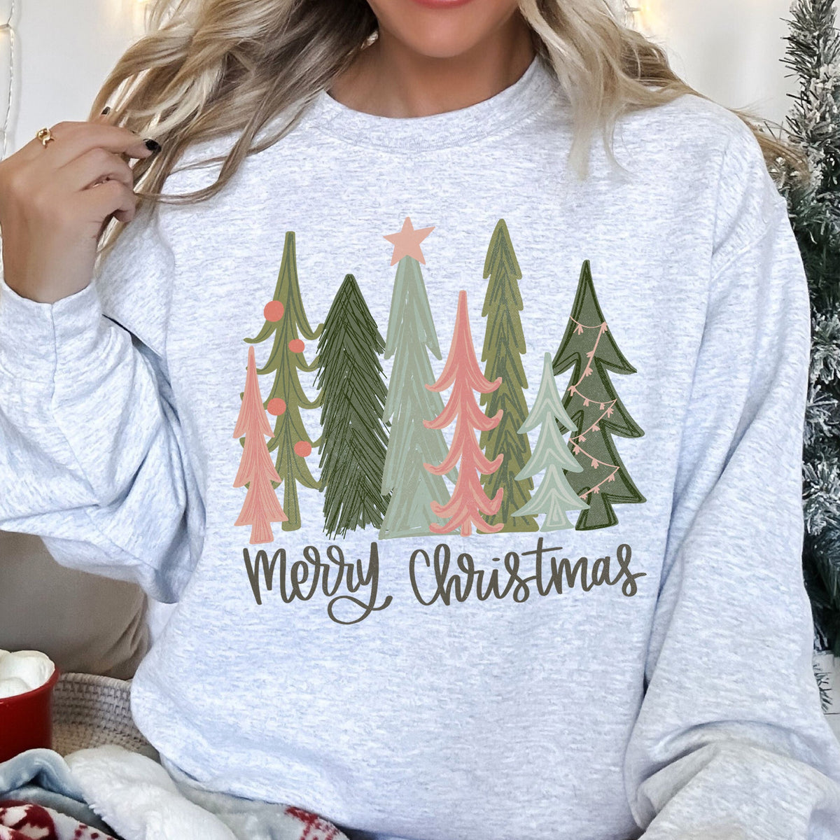 Retro Merry Christmas Trees Vintage Winter Holiday Charm Festive Cozy Graphic Sweatshirt
