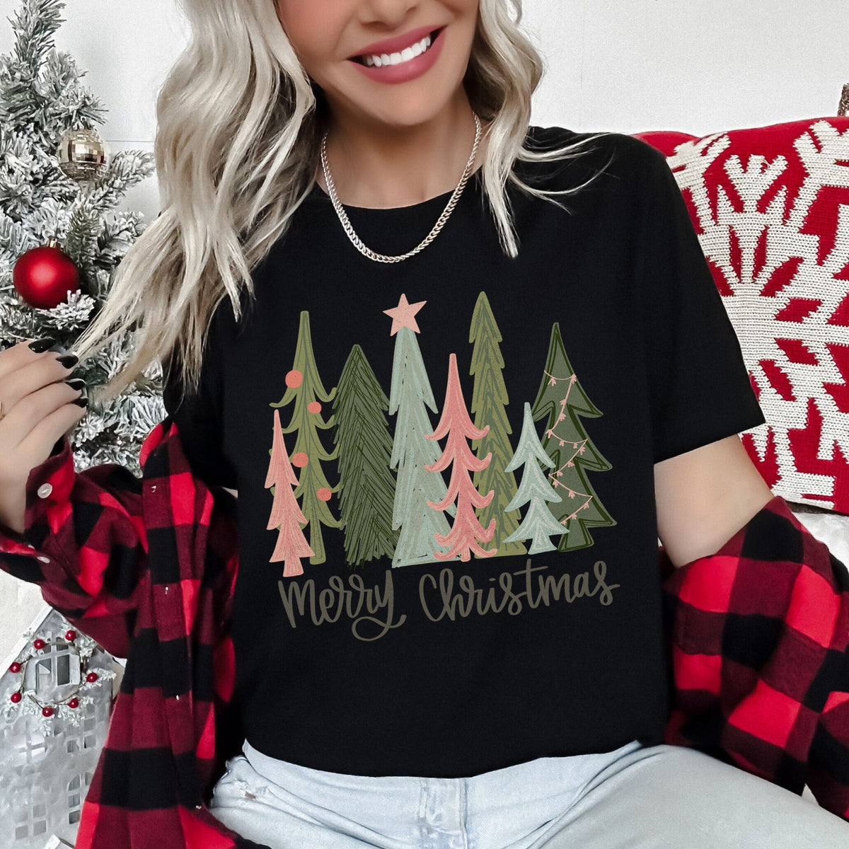 Retro Merry Christmas Trees Pastels Star Ornaments Pattern Vintage Holiday Graphic Tee