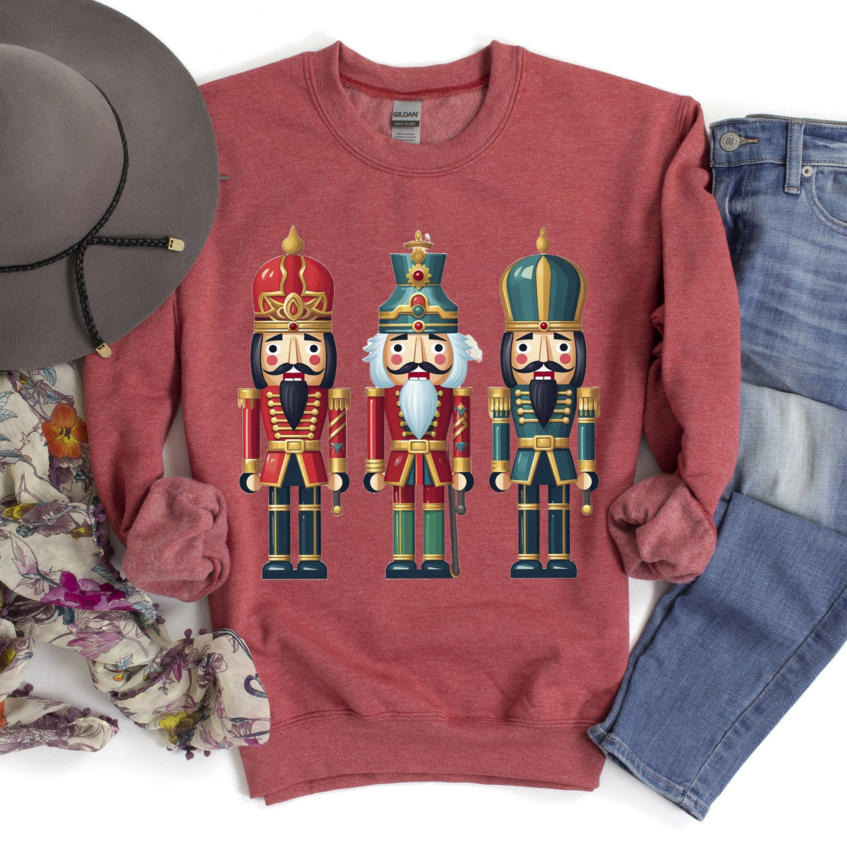 Retro Nutcrackers Classic Colorful Christmas Sweatshirt Cozy Cotton Polyester Blend Warm Fleece Lined