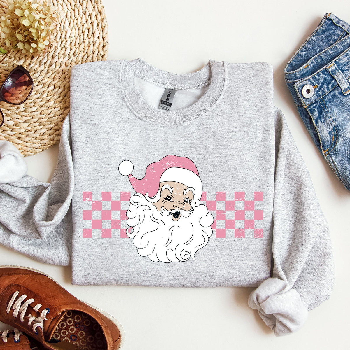 Retro Santa Checkered Pink Christmas Winter Snow Xmas Vintage Holiday Joyful Sweatshirt