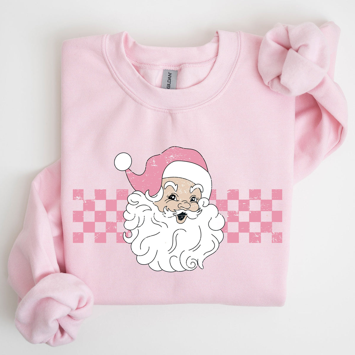 Retro Santa Checkered Pink Christmas Winter Snow Xmas Vintage Holiday Joyful Sweatshirt
