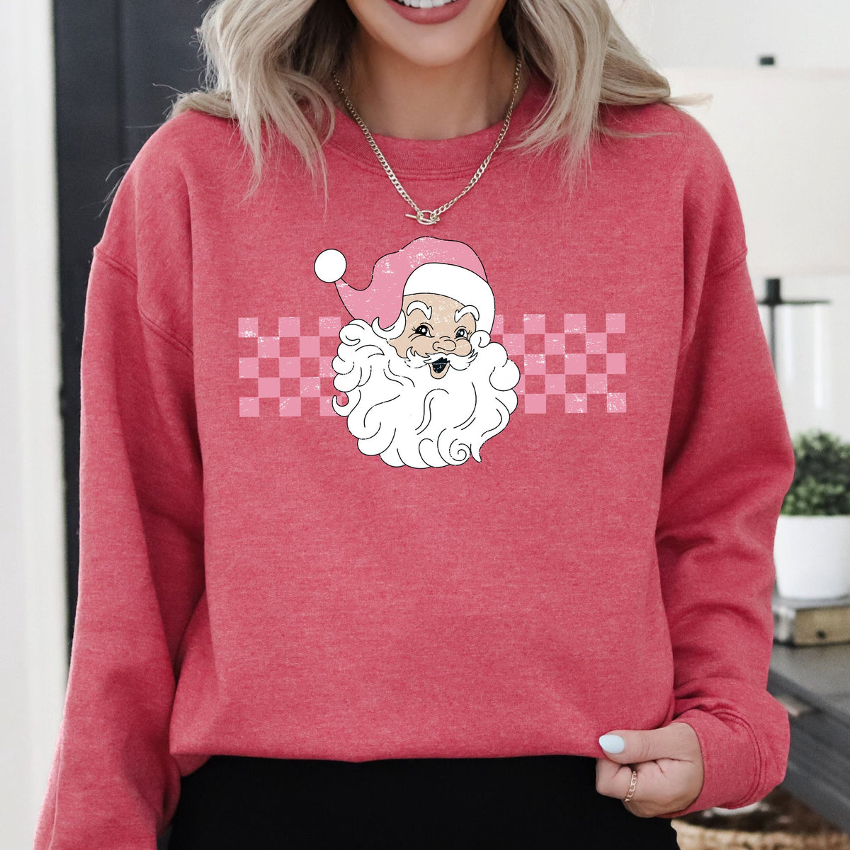 Retro Santa Checkered Pink Christmas Winter Snow Xmas Vintage Holiday Joyful Sweatshirt