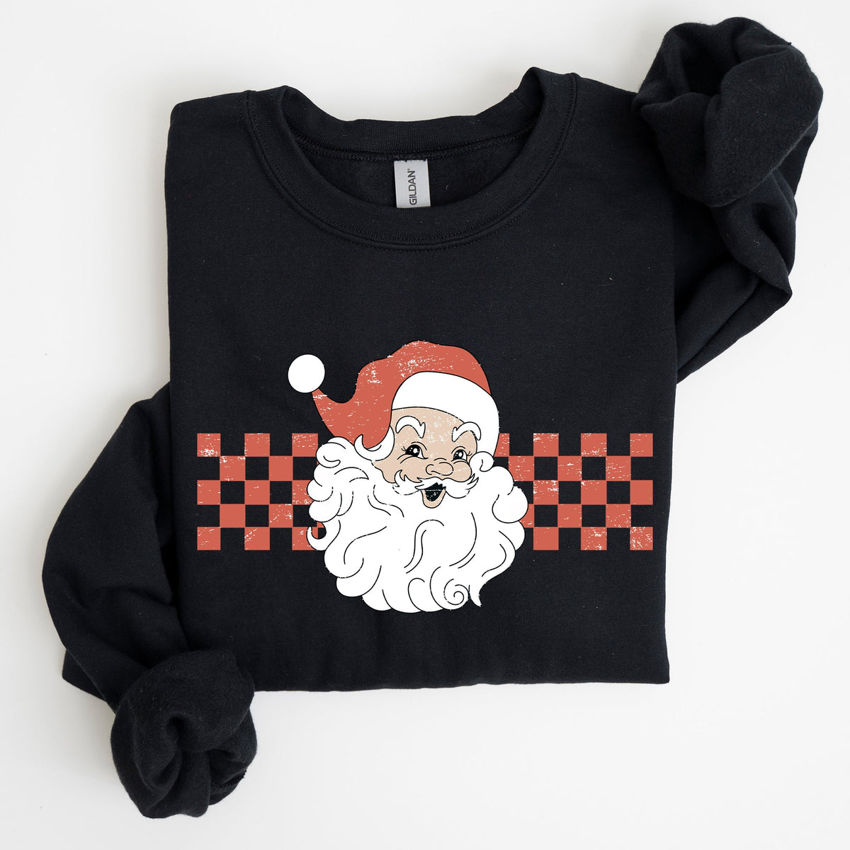 Retro Santa Checkered Christmas Pattern Vintage Santa Claus Artwork For Winter Cozy Sweatshirt