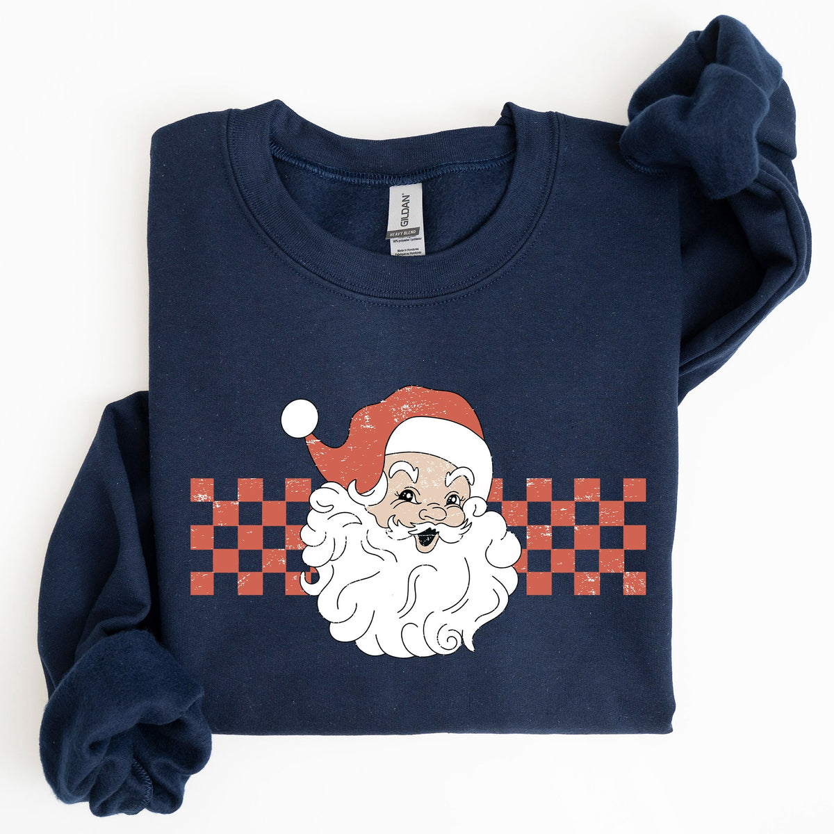 Retro Santa Checkered Christmas Pattern Vintage Santa Claus Artwork For Winter Cozy Sweatshirt