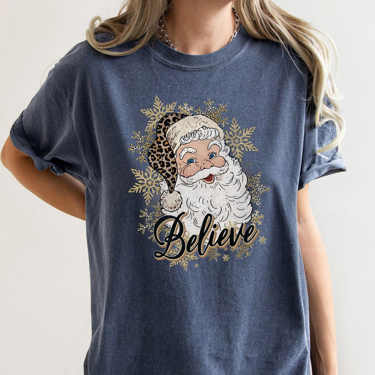 Retro Santa Believe Christmas Leopard Print Holiday Design Edition Comfort Colors Tee