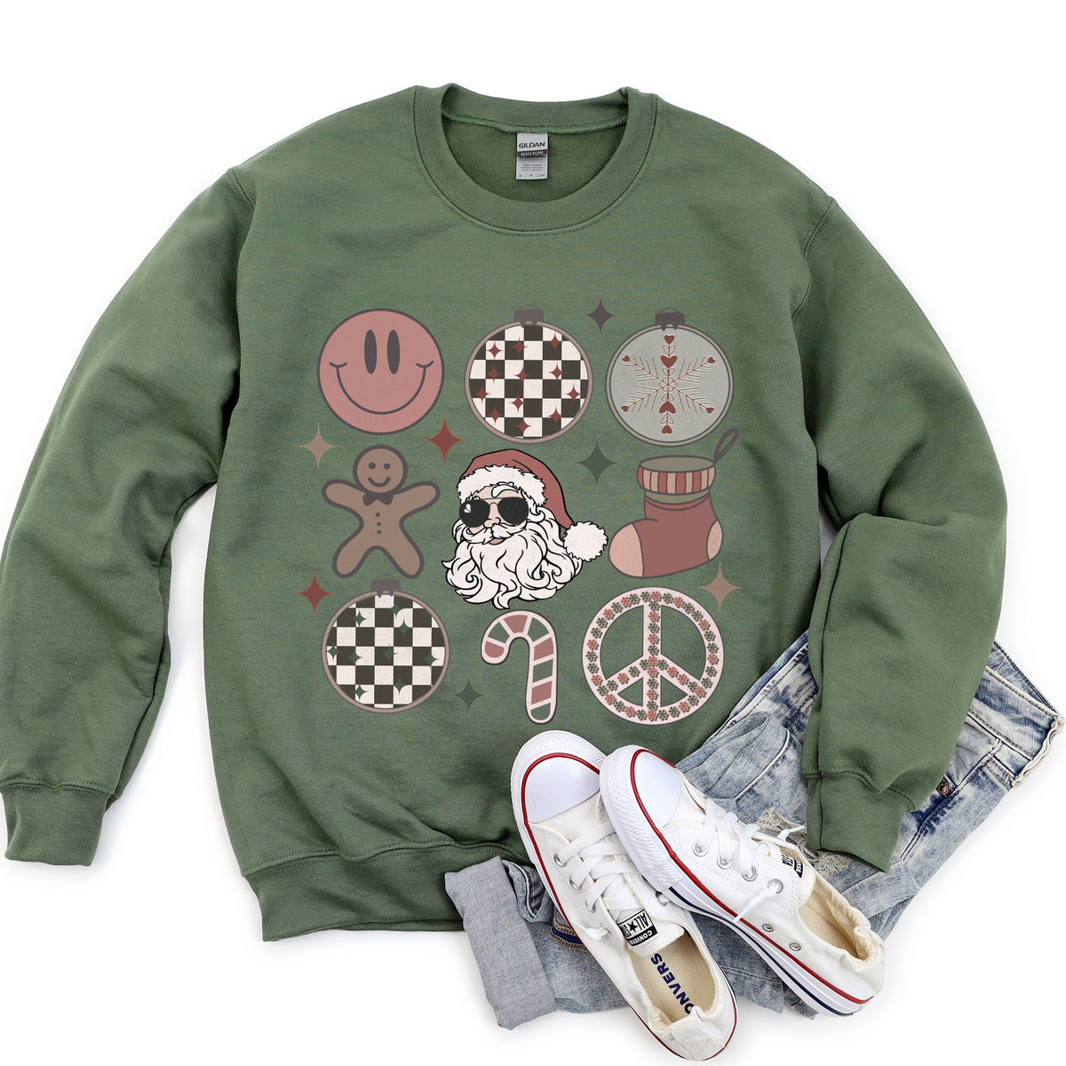 Retro Santa Christmas Peace Snowflake Cozy Fleece Winter Holiday Festive Sweatshirt