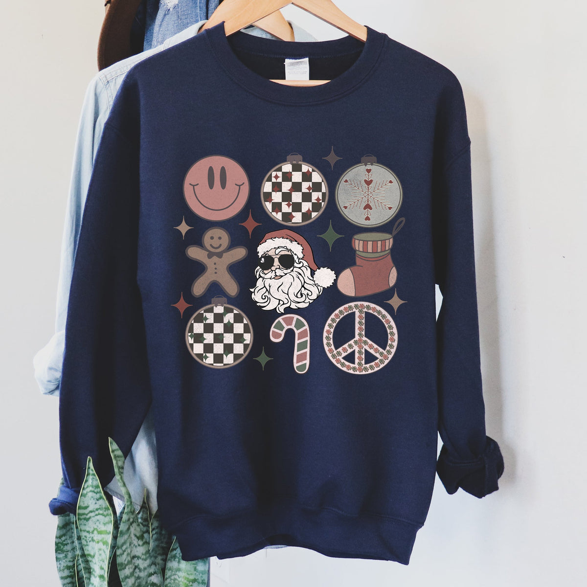 Retro Santa Christmas Peace Snowflake Cozy Fleece Winter Holiday Festive Sweatshirt