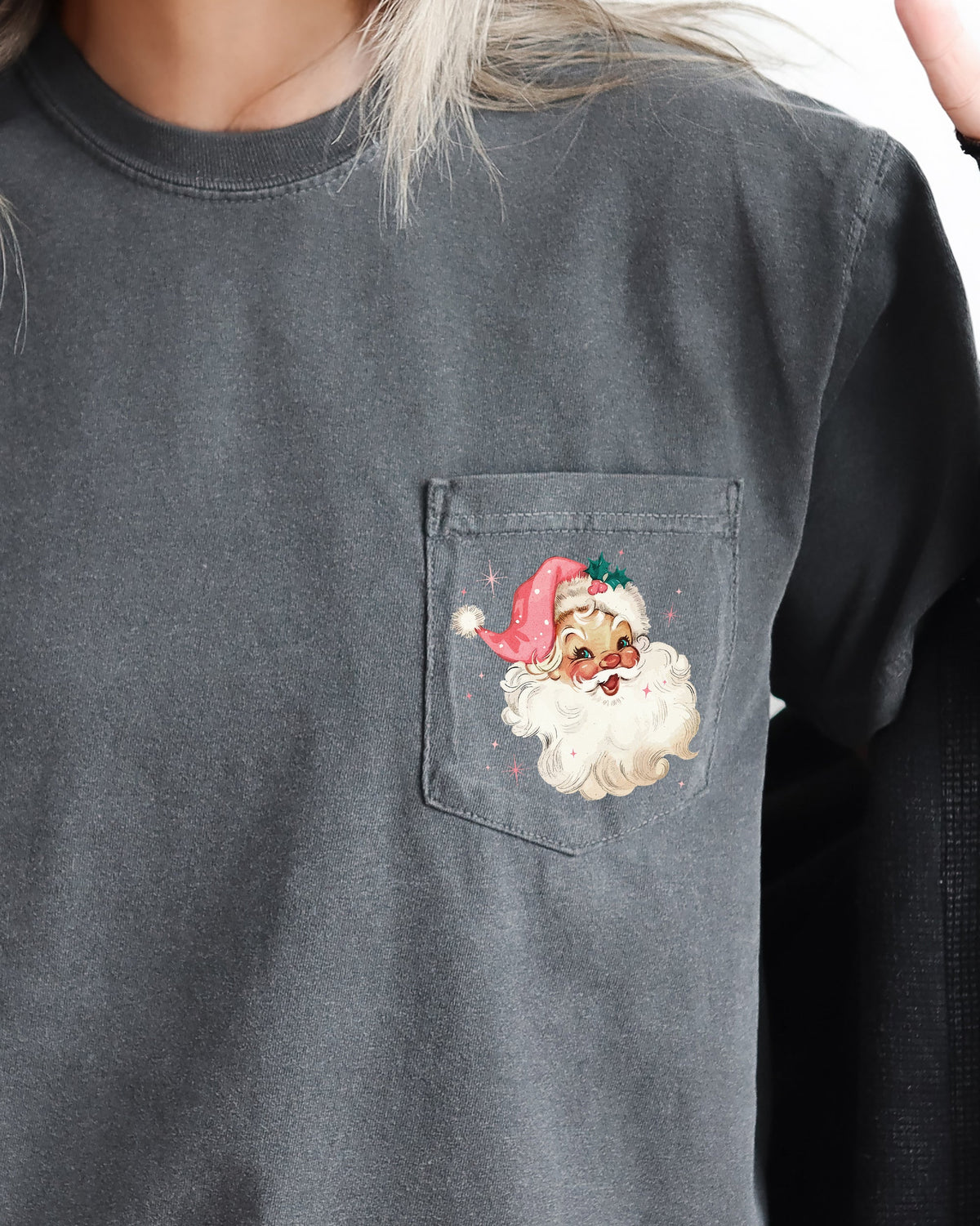 Retro Santa Sparkles Pocket Christmas Snow Xmas Holiday Cheer Comfort Colors Tee