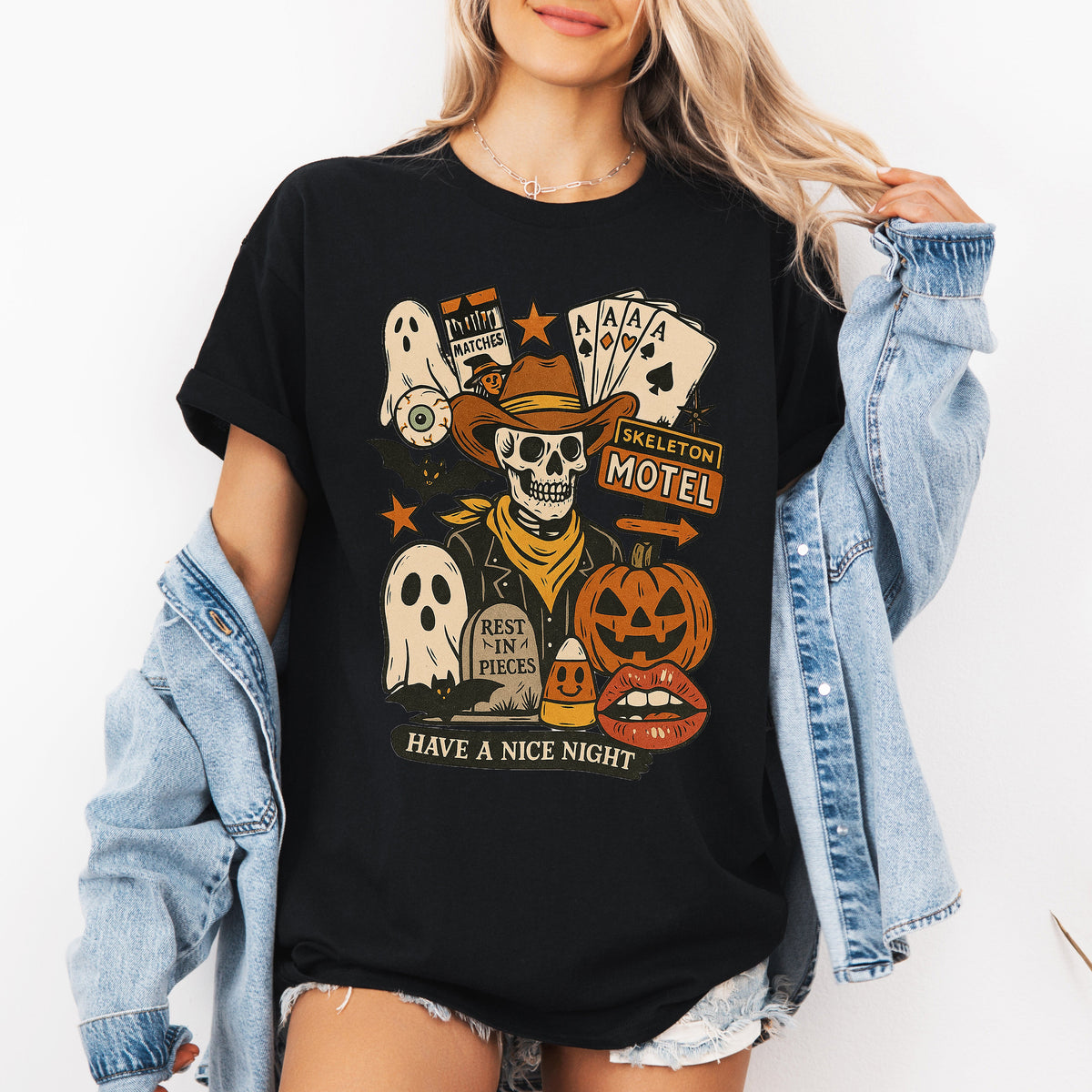 Retro Skeleton Motel Vintage Halloween Motif With Whimsical Spooky Skeleton Illustration Graphic Tee