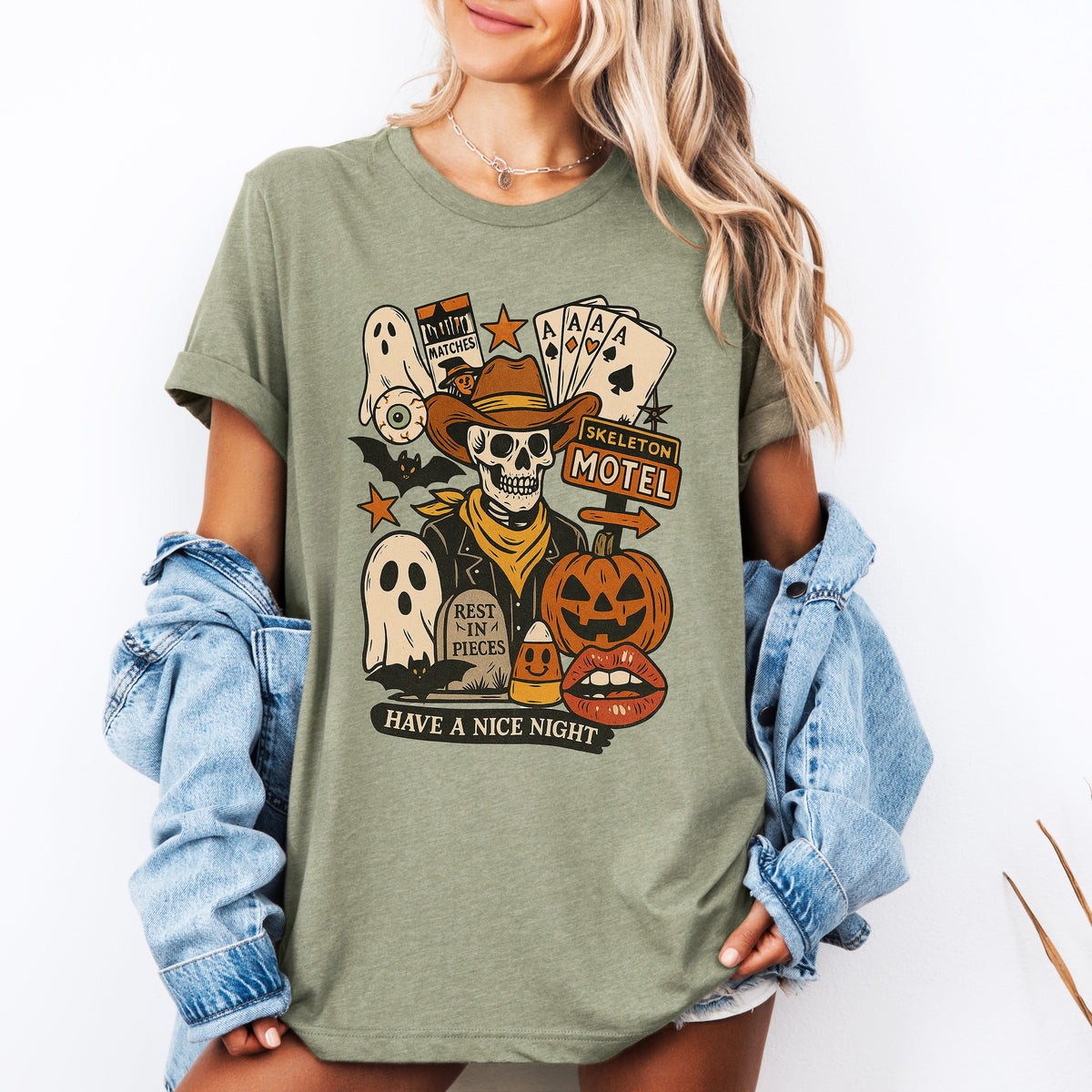 Retro Skeleton Motel Vintage Halloween Motif With Whimsical Spooky Skeleton Illustration Graphic Tee