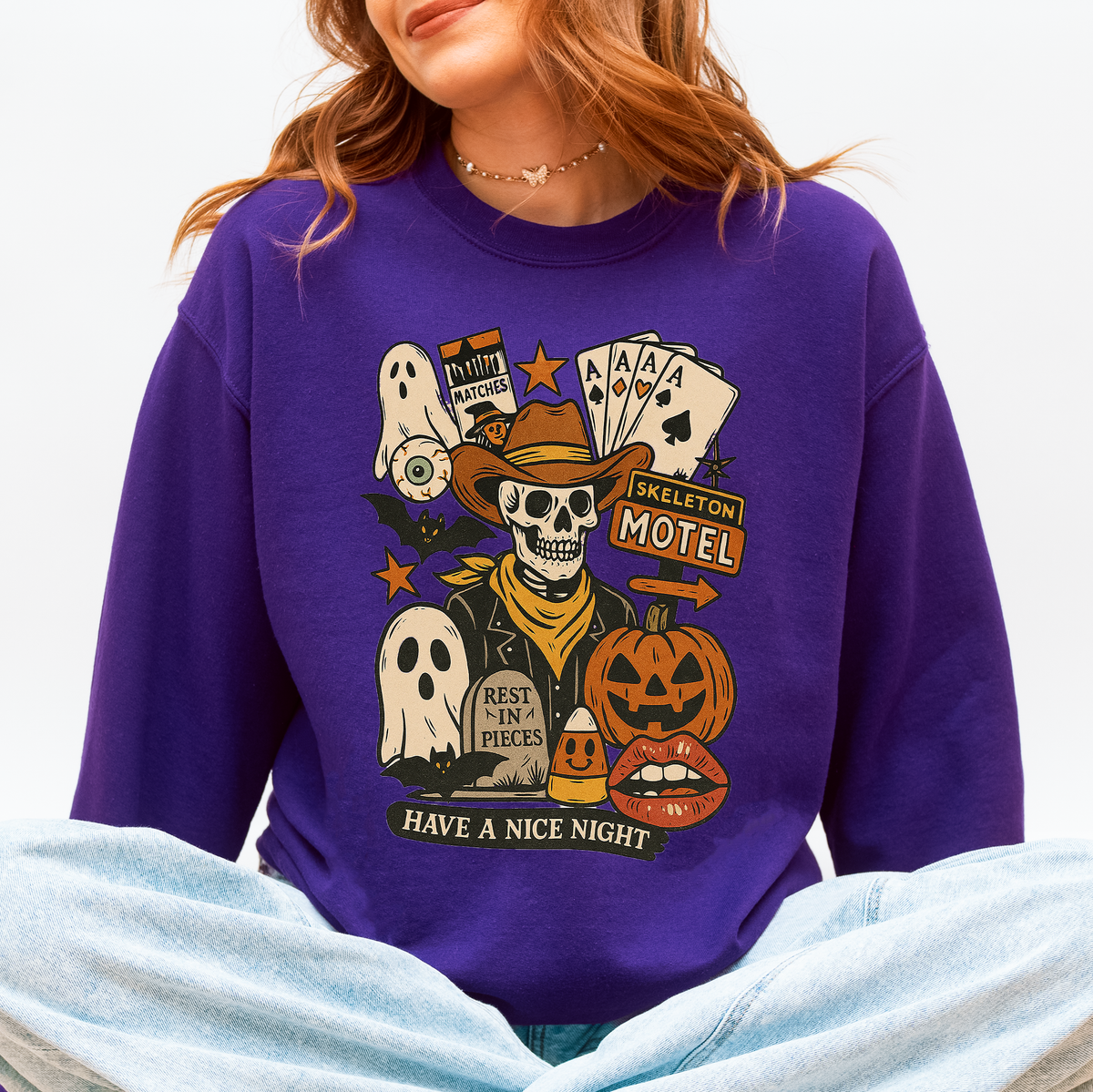 Retro Skeleton Motel Vintage Halloween Nostalgia Graphic Design Collective Edition Sweatshirt