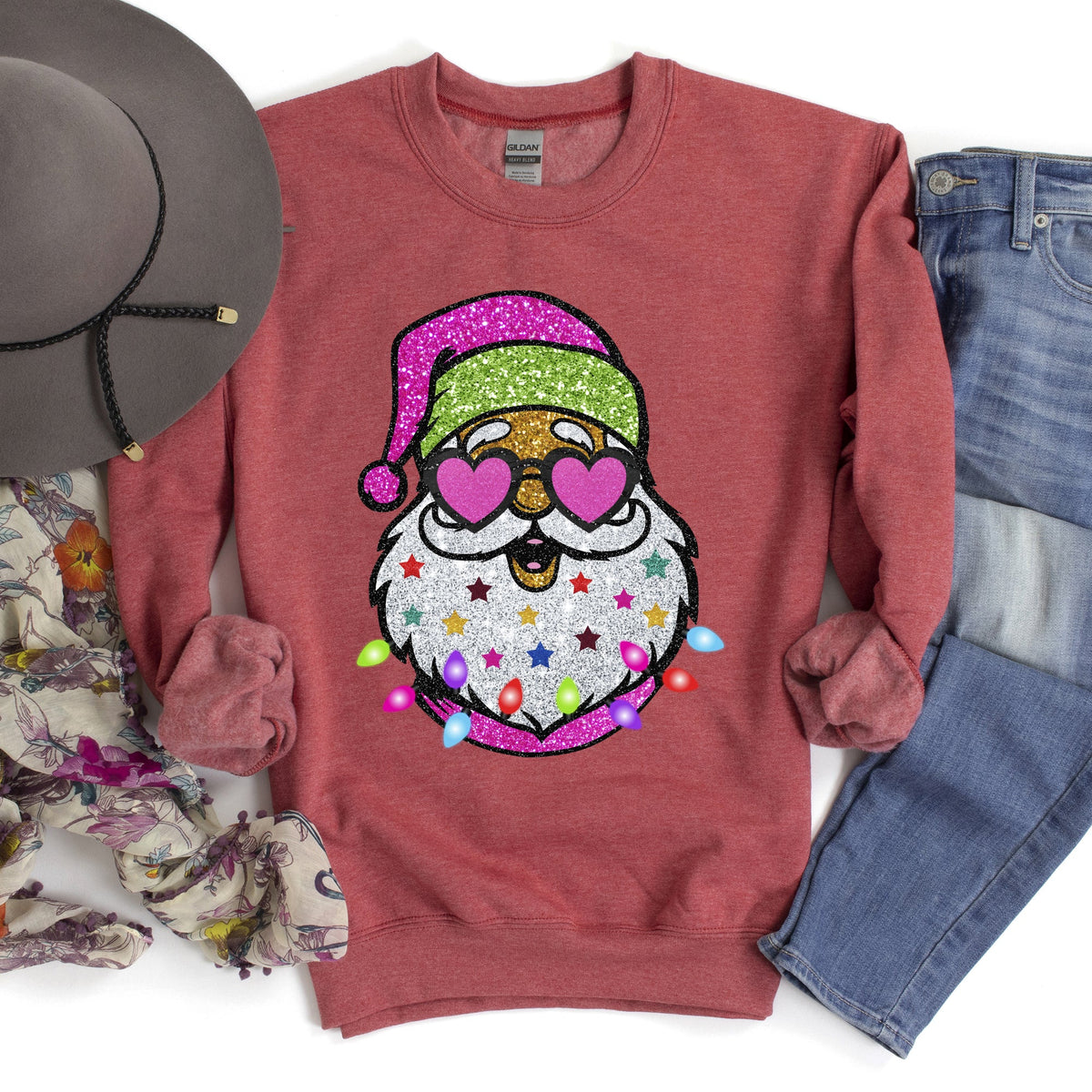 Retro Sparkly Santa Glitter Effect Christmas Graphic Cozy Vintage-Inspired Festive Sweatshirt