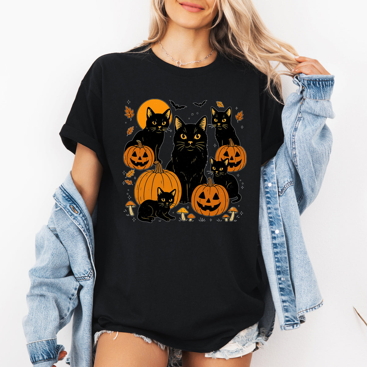 Retro Black Cats And Pumpkins Halloween Spooky Night Vintage Illustration Edition Graphic Tee