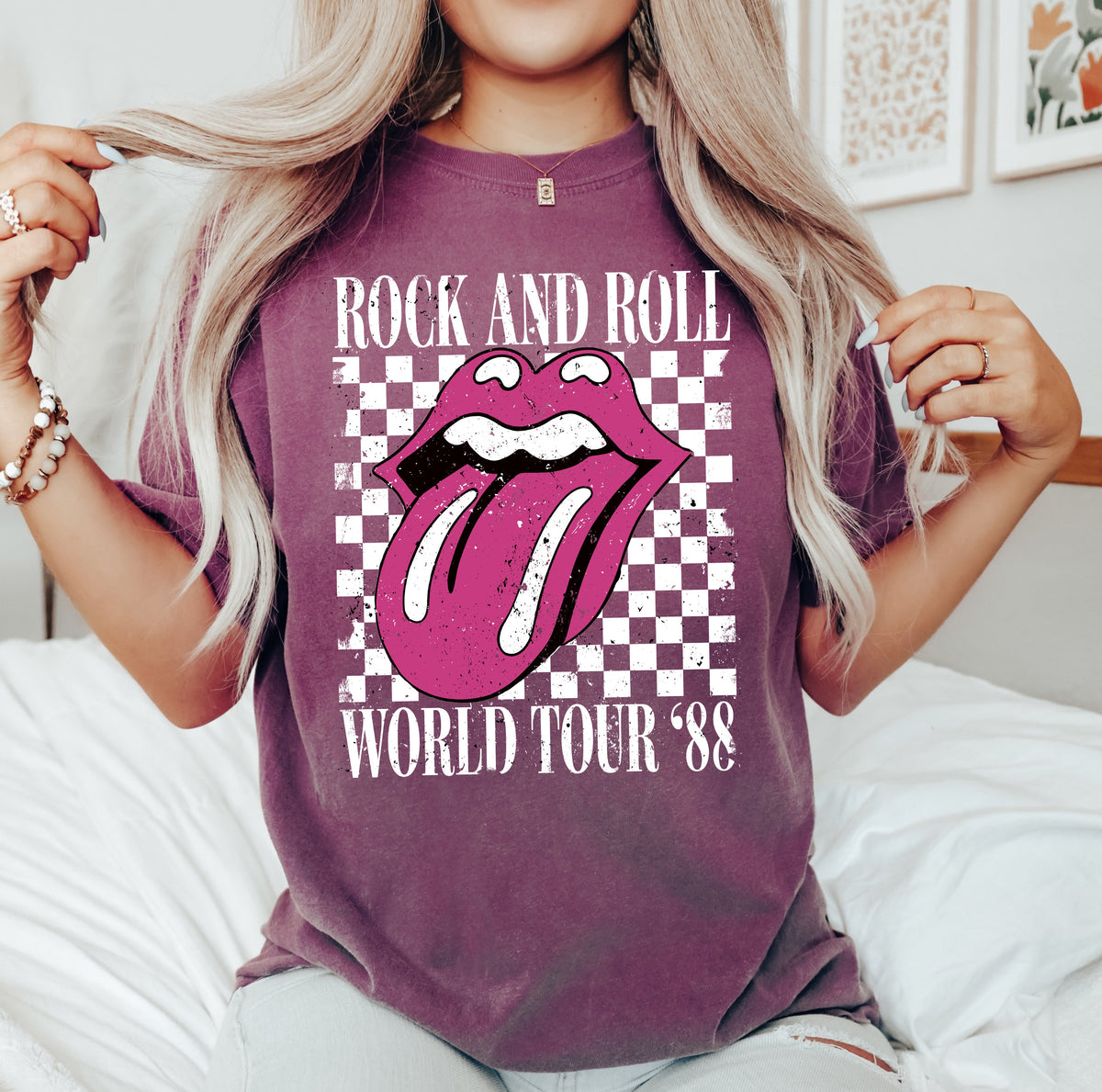 Rock And Roll World Tour Lips And Tongue Checkered 80s Rock Retro Classic Rock Comfort Colors Tee
