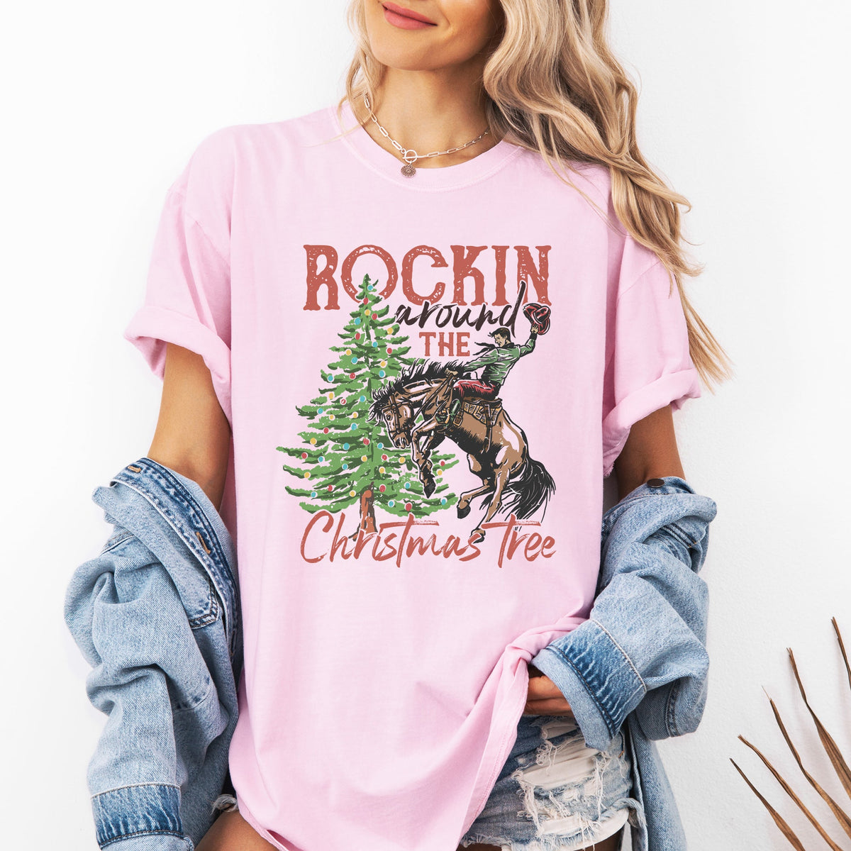 Rockin Around The Christmas Tree Cowboy Country Western Santa Xmas Comfort Colors Tee