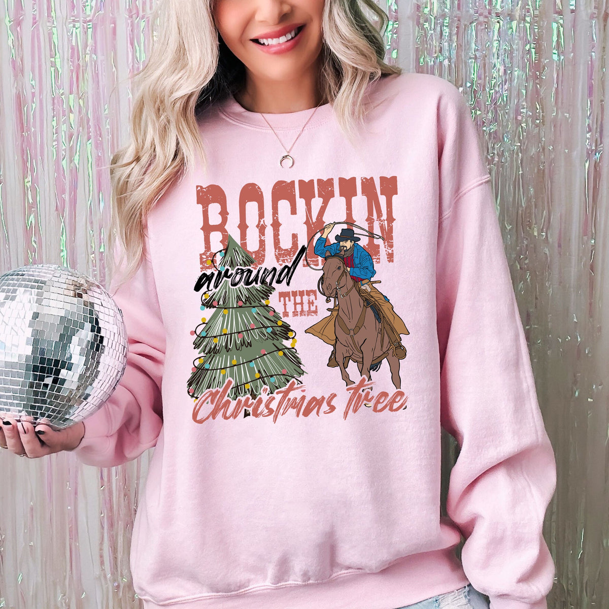 Rockin Around The Christmas Tree Cowboy Lasso Santa Western Xmas Graphic Sweatshirt