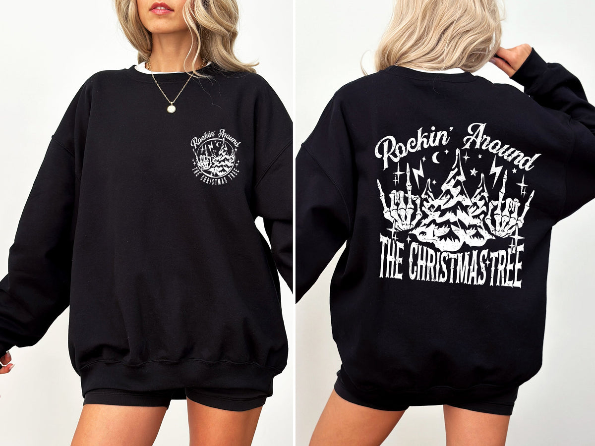 Rockin Around The Christmas Tree Front And Back Skeleton Santa Xmas Winter Edition Sweatshirt