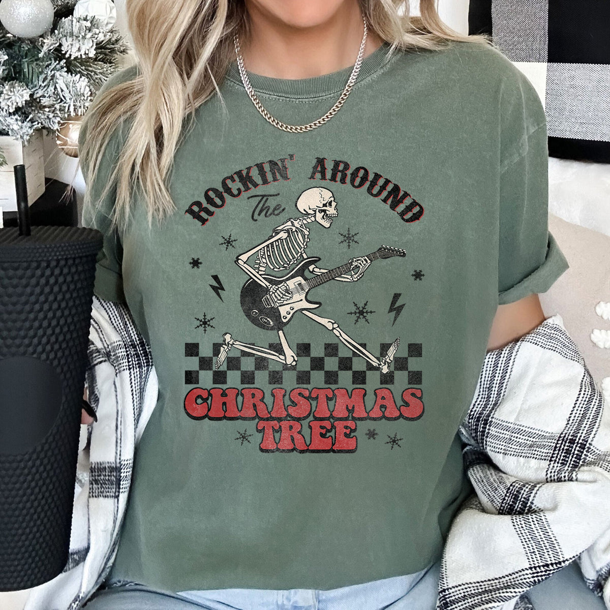 Rocking Around The Christmas Tree Skeleton Retro Rock And Roll Comfort Colors Tee