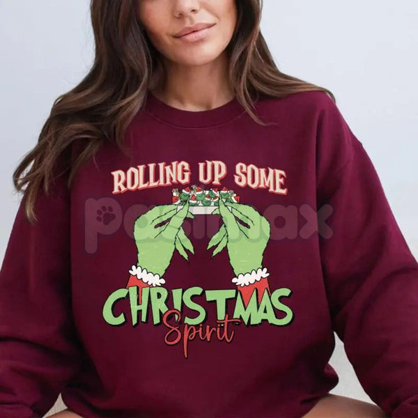"Rolling Up Some Christmas Spirit" Sweatshirt | Funny Laid-Back Holiday Crewneck | Relaxed Xmas Jumper