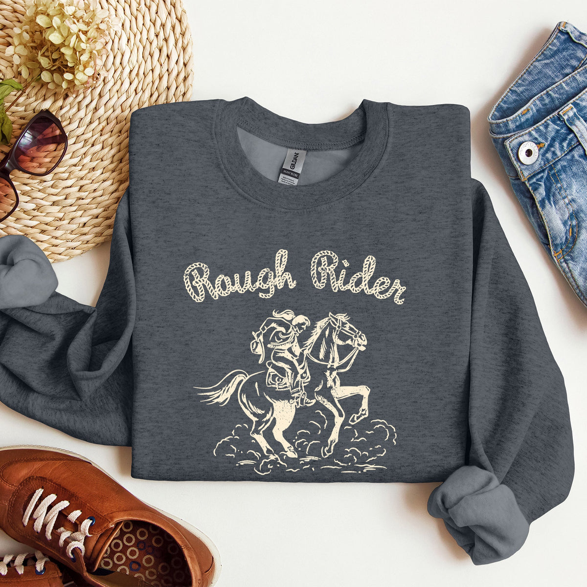 Rough Rider, Cowgirl, Horse, Rodeo Western Heritage Illustration Graphic Sweatshirt