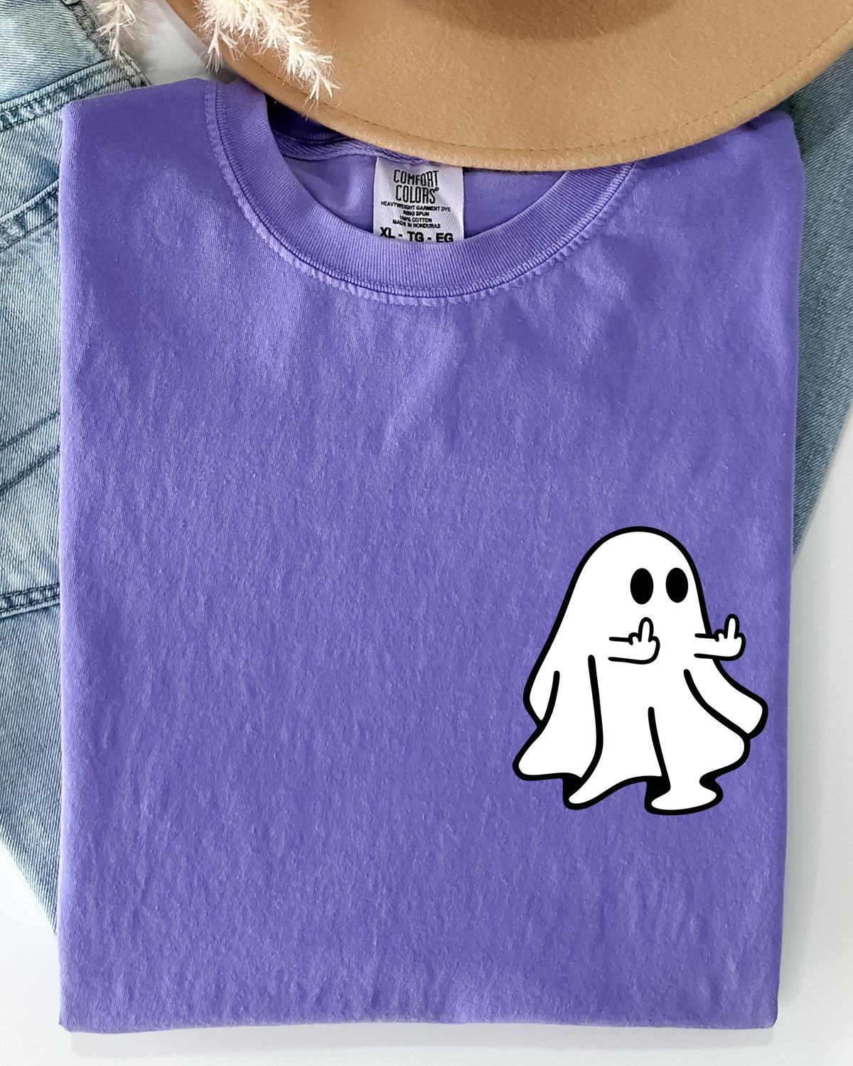 Rude Ghost Pocket Print Middle Finger Crude Vulgar Meme Halloween Comfort Colors Tee