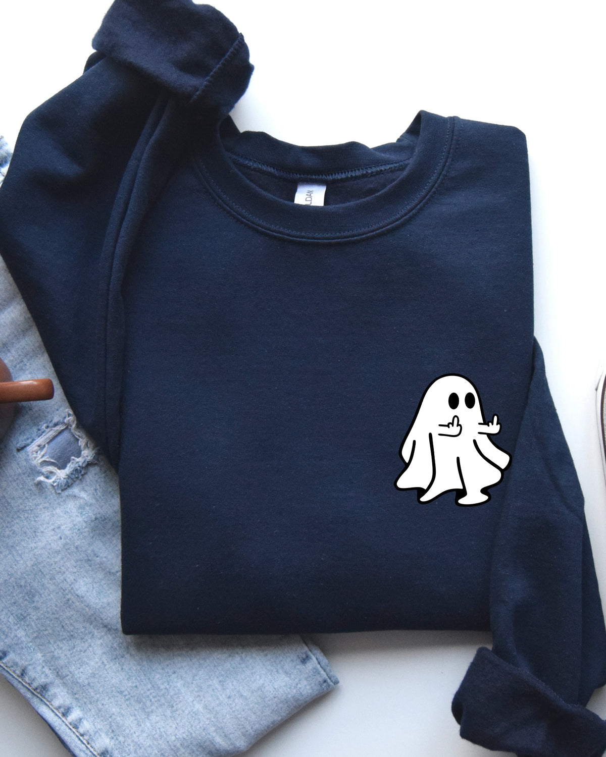 Rude Ghost Pocket Print Middle Finger Crude Vulgar Meme Halloween Edition Sweatshirt