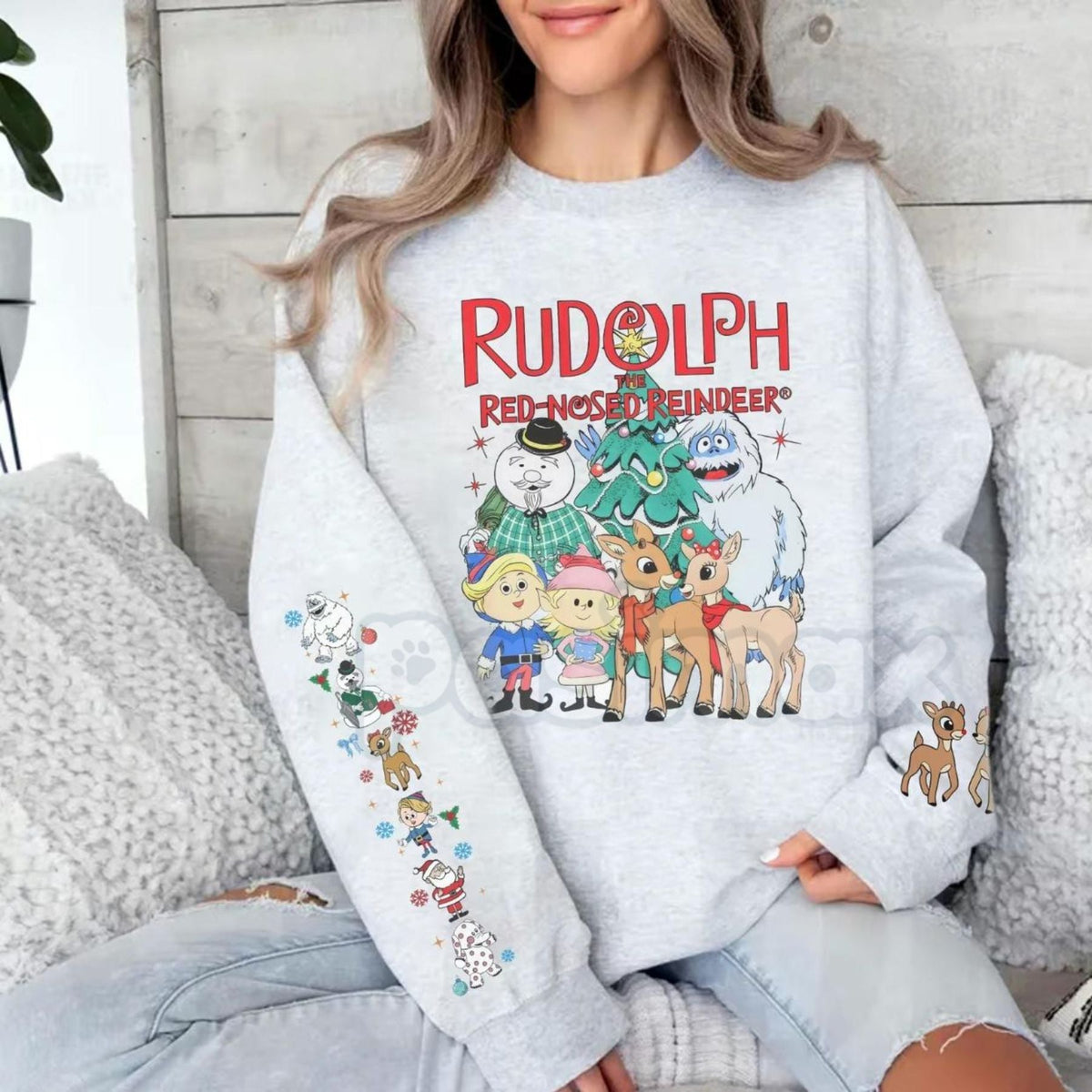 Rudolph Red Nosed Reindeer Sweatshirt with Sleeve Design | Nostalgic Christmas Jumper | Holiday Detail Crewneck