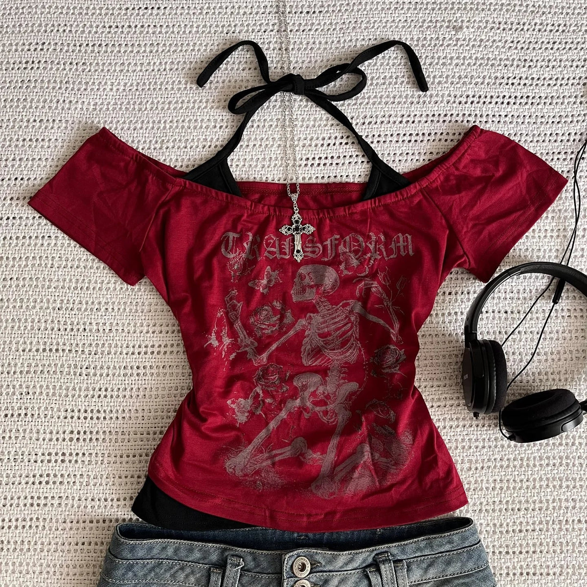 Millennium 2000s Y2k crop aesthetic sweet and sexy vest women's sleeveless casual anime printed vest Harajuku red full outfit Em