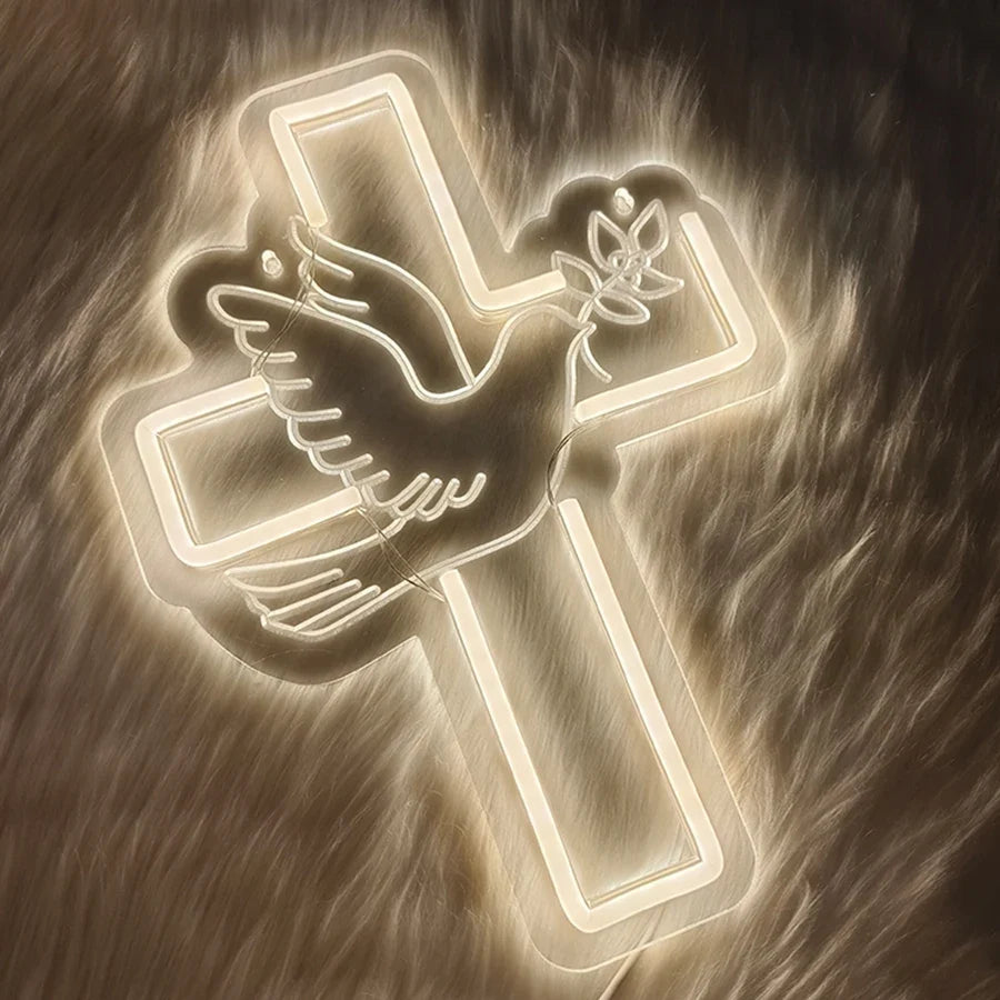 Cross Led Neon Sign, Warm White Dove Icon Usb Powered For Jesus Church, Wedding,Home, Easter Activities Decor, Easy To Hang.