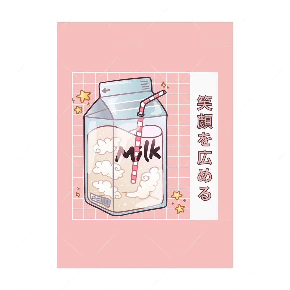 Japanese Kawaii Cuisine Poster Ramen Drink Milk Canvas Painting Wall Picture Soda Water Vapor Wave Print Restaurant Decoration