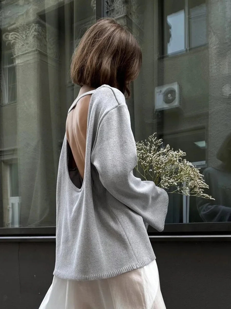 Wolfeel Autumn Winter New Women's Cotton Sweater Backless Design Loose Knit Pullover Jumper Fashionable Commuting Sweater