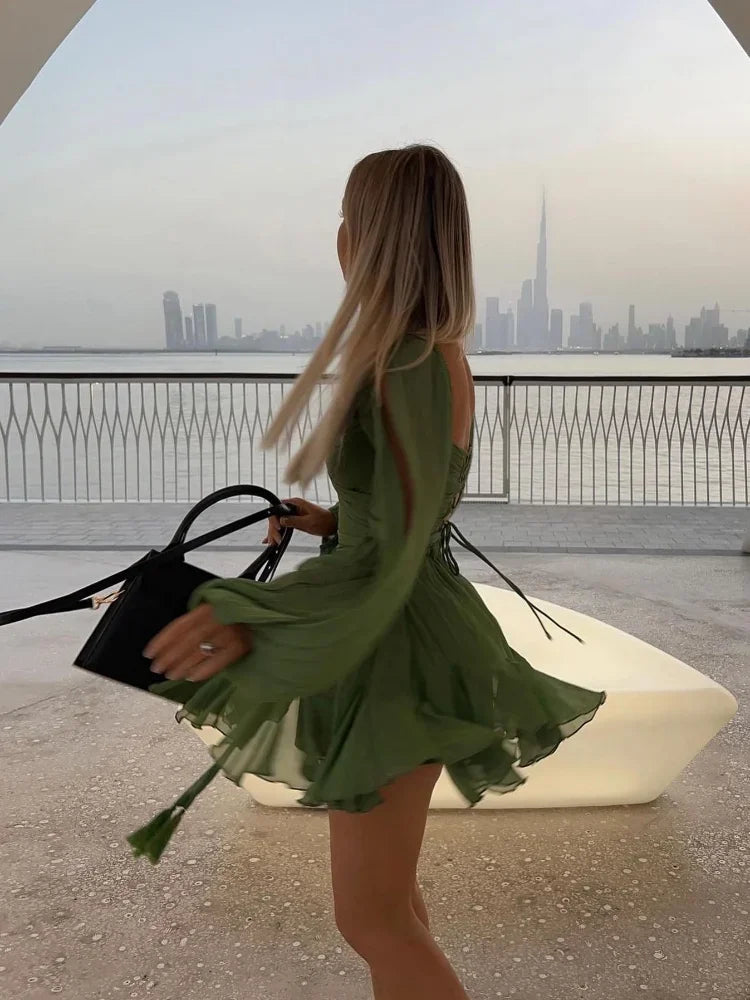 Irregular Mesh Split Long Sleeve Dress Sexy Green Lace Up Pleated Hem High Waist Vestido Summer Lady Vacation Beach Gowns 2025