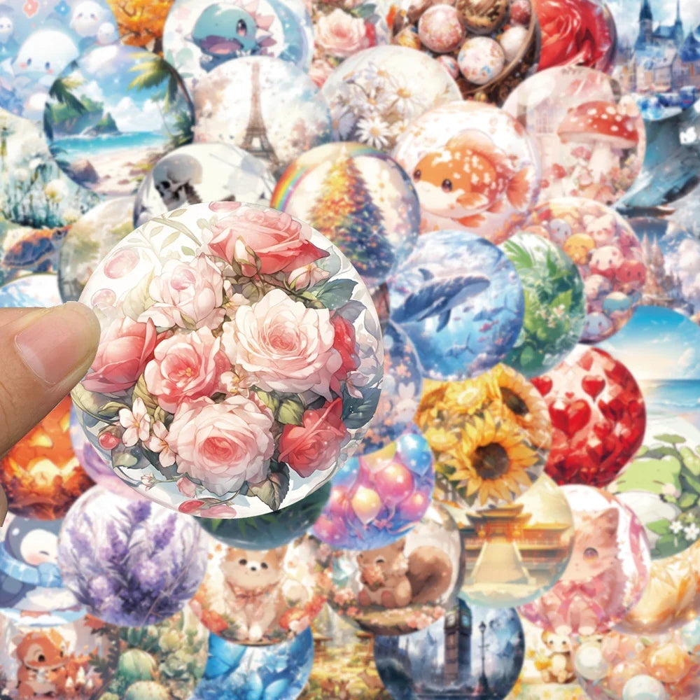 10/30/50pcs Kawaii World In Glass Bead Aesthetic Stickers Cute Ins Cartoon Animal Plant Decals DIY Laptop Car Decoration Sticker