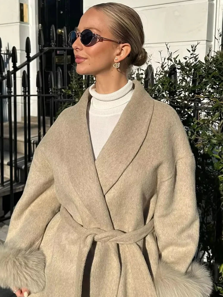 Solid Lace Up Faux Fur Sleeve Jacket Woman Elegant Mid-length V-neck Woolen Blend Coat Autumn Casual Fashion Scarf Outwear 2025