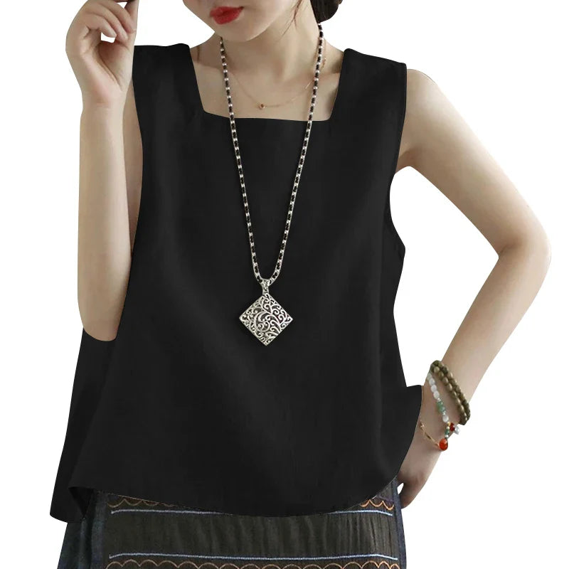 ZANZEA Summer Tanks Tops Women Square Neck Sleeveless Blouse Elegant Cotton Shirt Casual Solid Holiday Beach Blusas Female Tunic