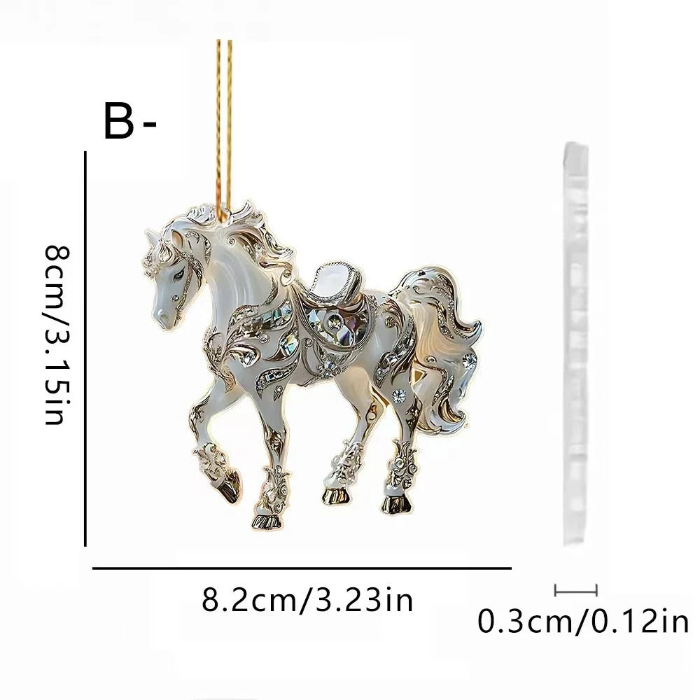 2D Acrylic Horse Car Rearview Mirror Pendant Charm Christmas Tree Ornament Party New Year Hanging Decoration