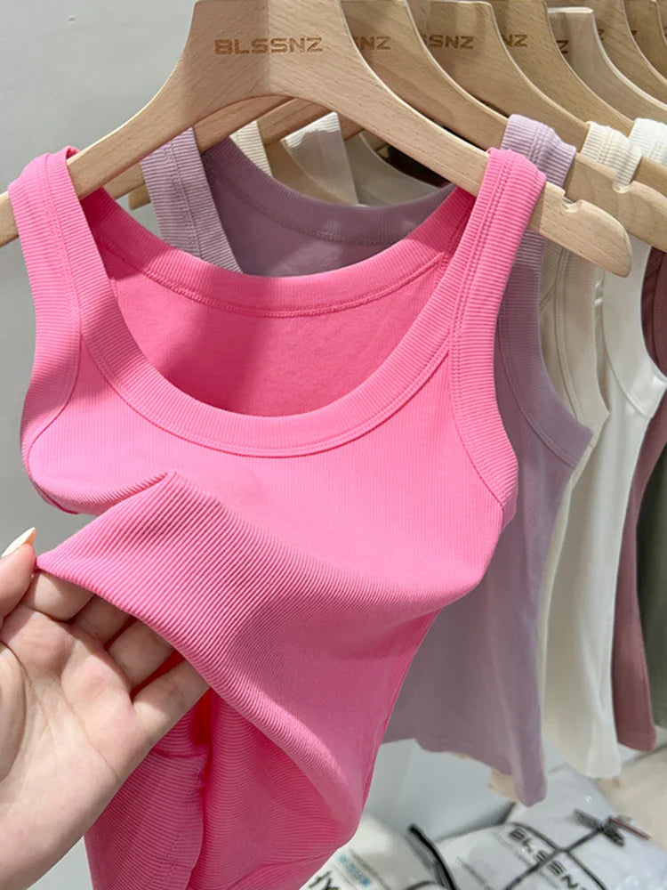 zjaiss Women Solid Round Neck Ribbed Tank Top Camisole Women 2026 Summer Basic Elastic Tank Top O Neck Solid Tank Top