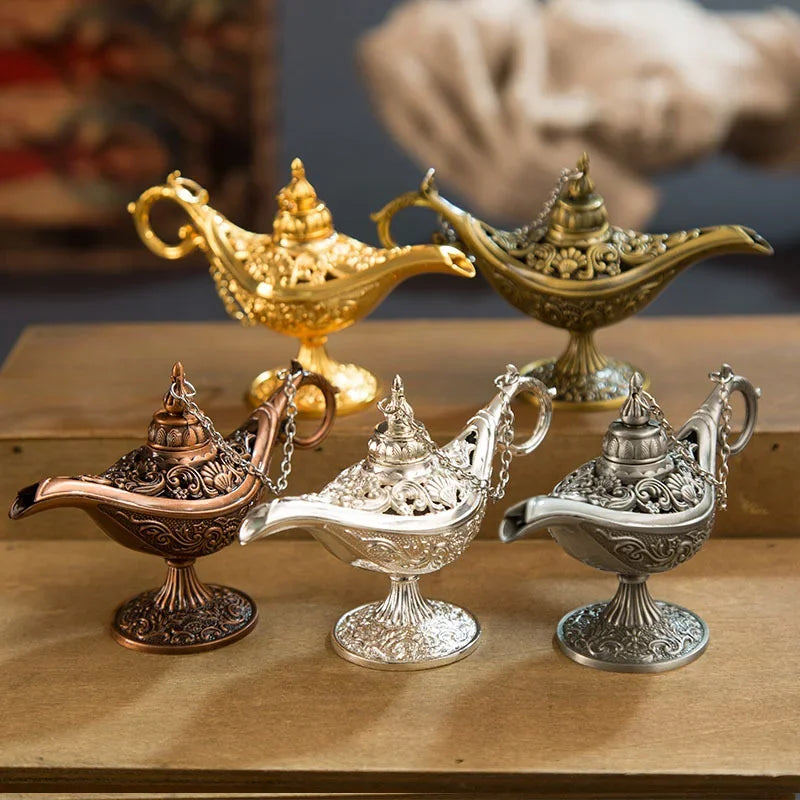 12cm(4.7")Classic Rare Hollow Legend Aladdin Magic Genie Lamps Incense Burners Retro Wishing Oil Lamp Home Decor Gift