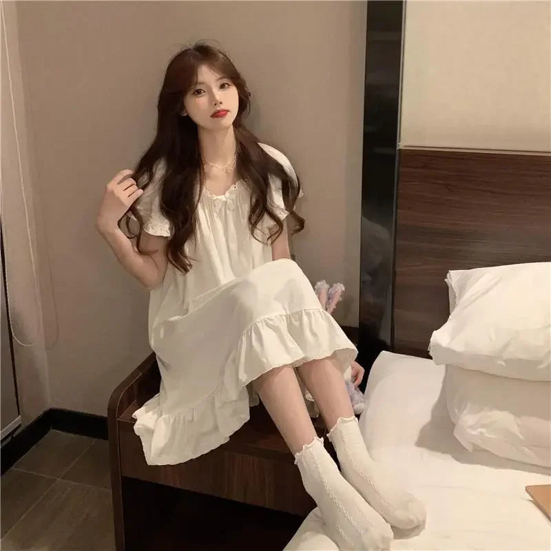 White Mid Length Nightgowns Summer Pajamas Women's Home Clothes New Dress Korean Sleepwear For Sleeping Sexy Nightwear Woman Top