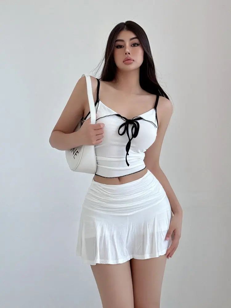 Spring Summer Women Sexy Spicy Low Waist Pleated A Line Skirt With Built In Safety Shorts Draped Slim Fit Fashion Streetwea
