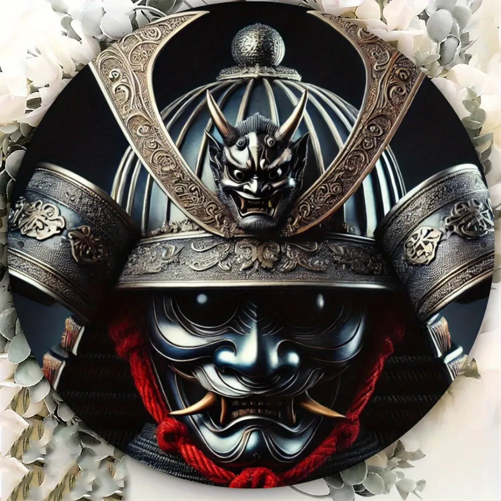 Round Metal Sign: Japanese Samurai Helmet (Oni Mask) - Wall Art Decor, Bedroom, Cafe, Home & Dorm Decoration