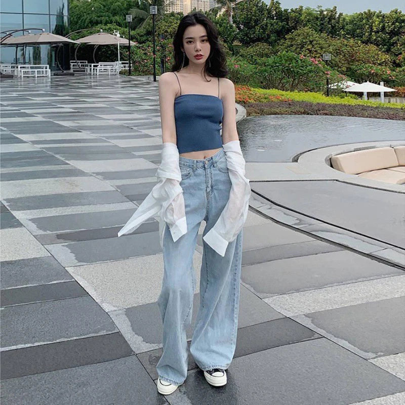 New Design Sense Women's Loose Denim Pants Retro Straight Leg Pants Fashionable Solid Color Loose Casual Wide Leg Pants