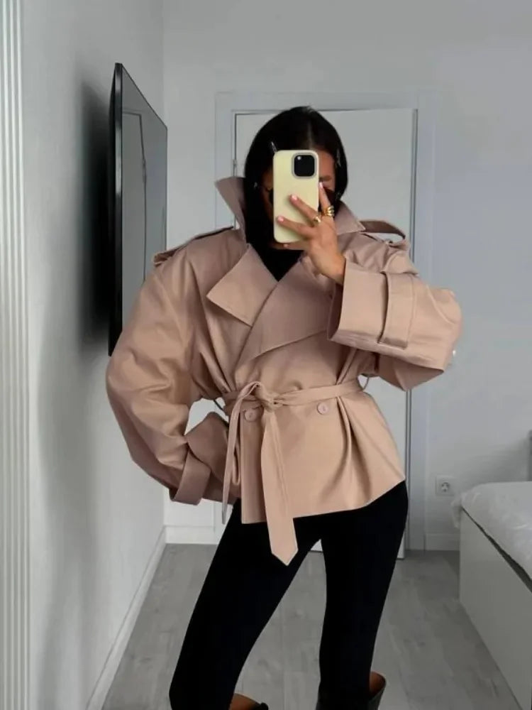 Solid Lapel Lace Up Trench Coat Women Fashion Full Sleeve Waist Cinching Short Windbreak New Autumn Office Commute Outwear 2026