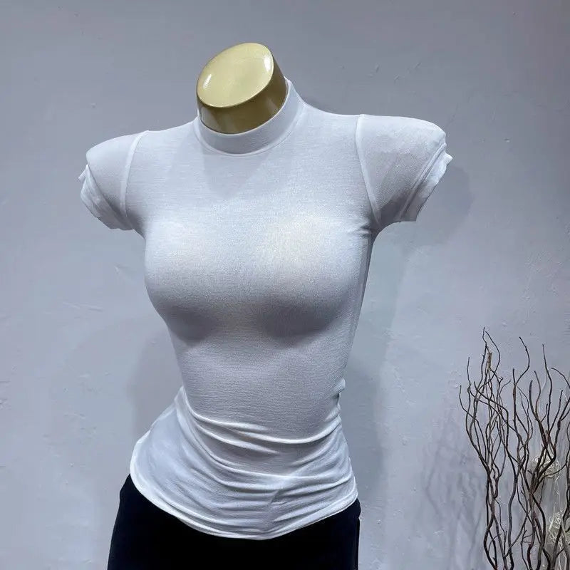 Women's Slim Fit Turtleneck Ribbed Knit Crop Top Casual Basic Tight Knit Sexy Fitted Cropped T-Shirt