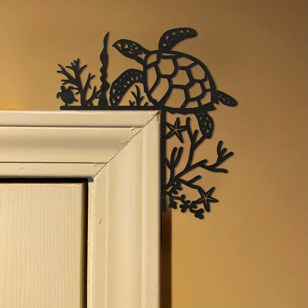 Black Metal Marine Animal Door Frame Decor - Turtle, Dolphin, Octopus, Seahorse & Starfish Patterns, Nautical Coastal Wall Art