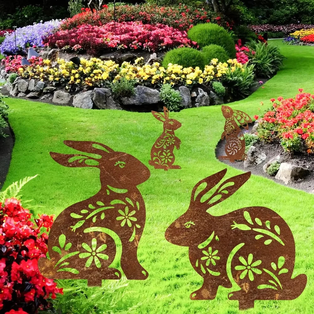 Lovely Rustic Metal Rabbit Garden Post Patinated Rusty Finish Great for Outdoor Adornment Backyard Patio Farm Area