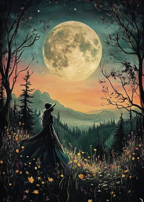 Witch Magical Art Print Witch with Full Moon Wall Decor Darkness Witches Painting Wall Decor Canvas Poster Dark Romantic Decor