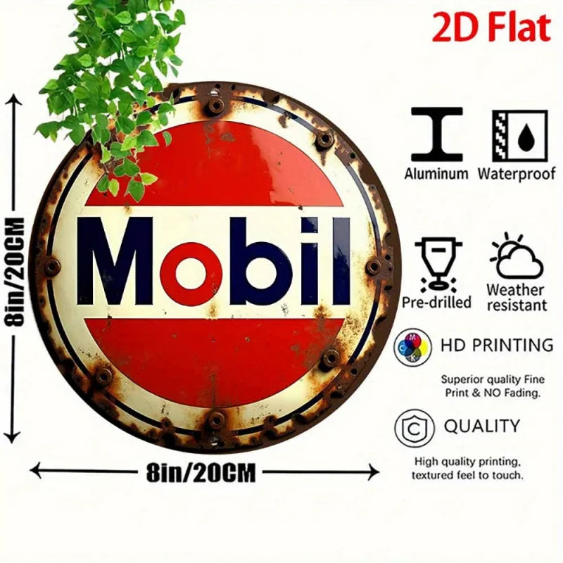 2D Flat 1pc Round - Retro Aluminum Tin Sign - Vintage "Mobil" Gasoline Plaque, 8x8 Inch, Rustic Wall Art for Home