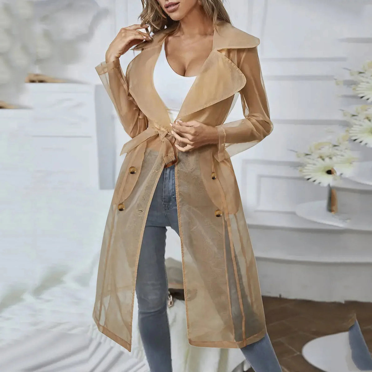 Women Organza See Though Sunscreen Long Sleeve Trench Summer Autumn Fashion Double Breasted Long Coat With Belted Tops Outwear
