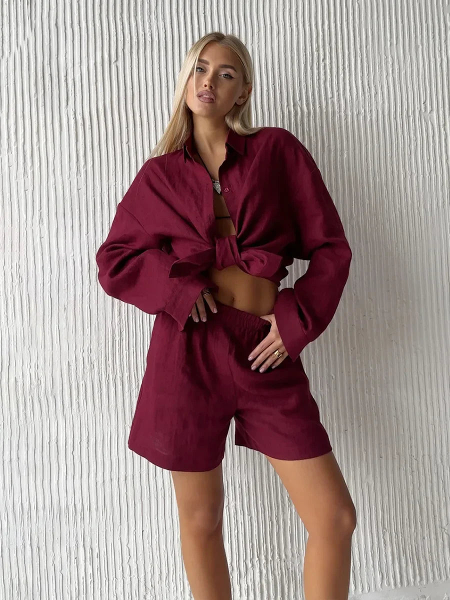 Wolfeel Women's Casual Shorts Sets 100% Cotton Solid Color Cozy Lapel Long Sleeve Shirt Summer New Elastic Waist Shorts Suits